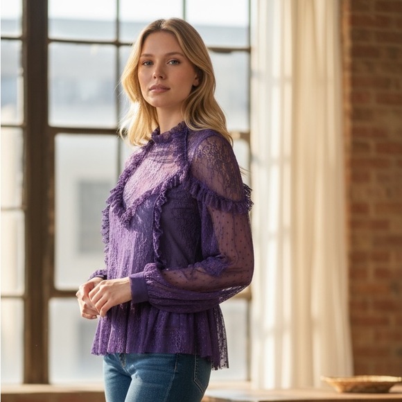 Bardot Tops - Bardot Purple Sheer Lace Peplum Blouse – Size M / US 8